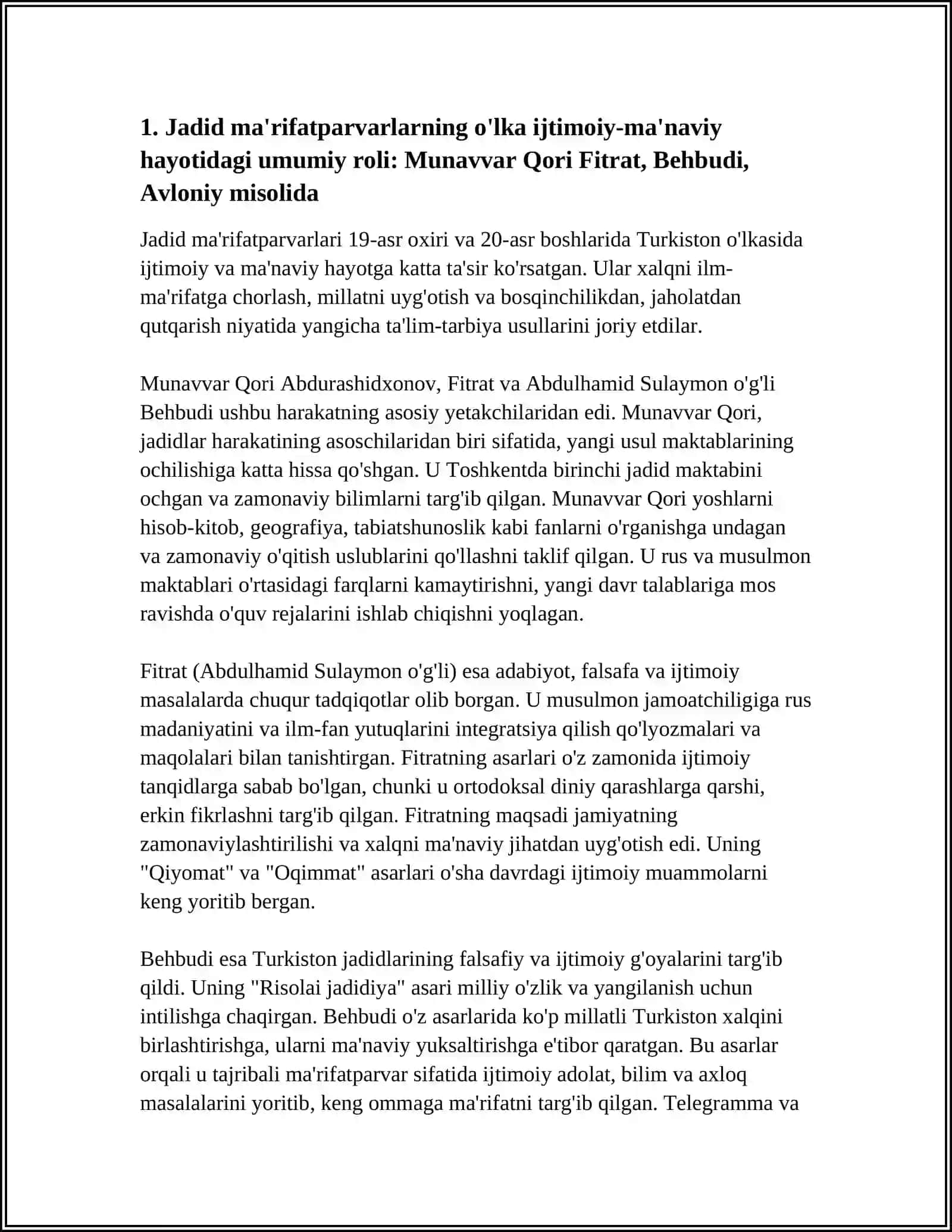 JADID MA'RIFATPARVARLARINING O'LKA IJTIMOIY MA'NAVIY HAYOTIDA TUTGAN O'RNI (MUNAVVAR QORI FITRAT BEHBUDIY AVLONIY VA BOSHQALAR) 3
