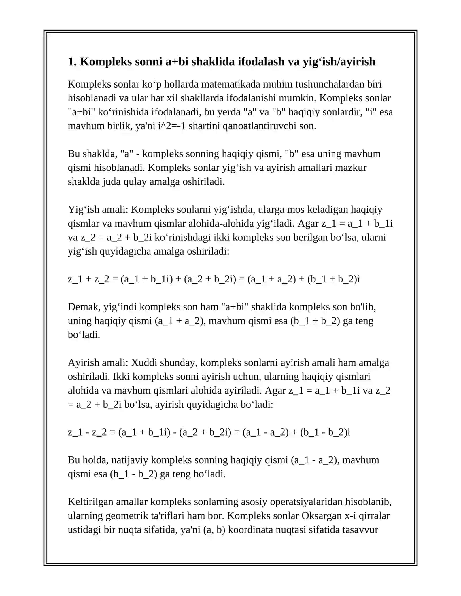 KOMPLEKS SON SHAKLLARI, ULAR USTIDA AMALLAR 3