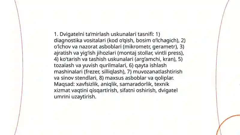 Dvigatelni ta’mirlash, qismlarga ajratish va yig’ish jihozining tuzilishi o‘rganish 3