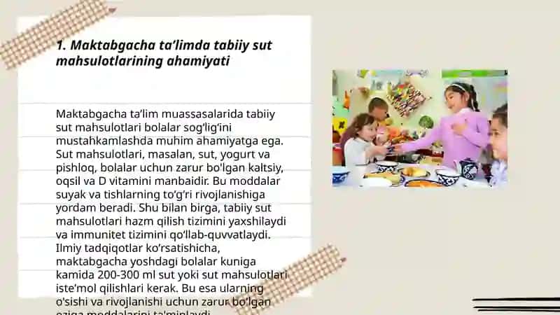 Maktabgacha taʼlimda oshxonalarda foydali tabiiy sut mahsulotlari va meva sabzavotlar 3