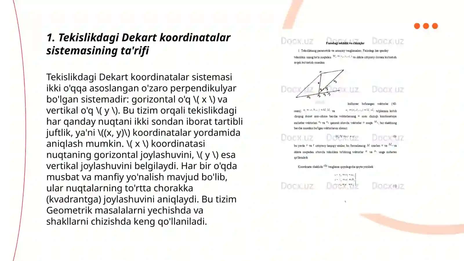 Tekislik va fazodagi Dekart koordinatalar sistemasi va ularning tatbiqi 3