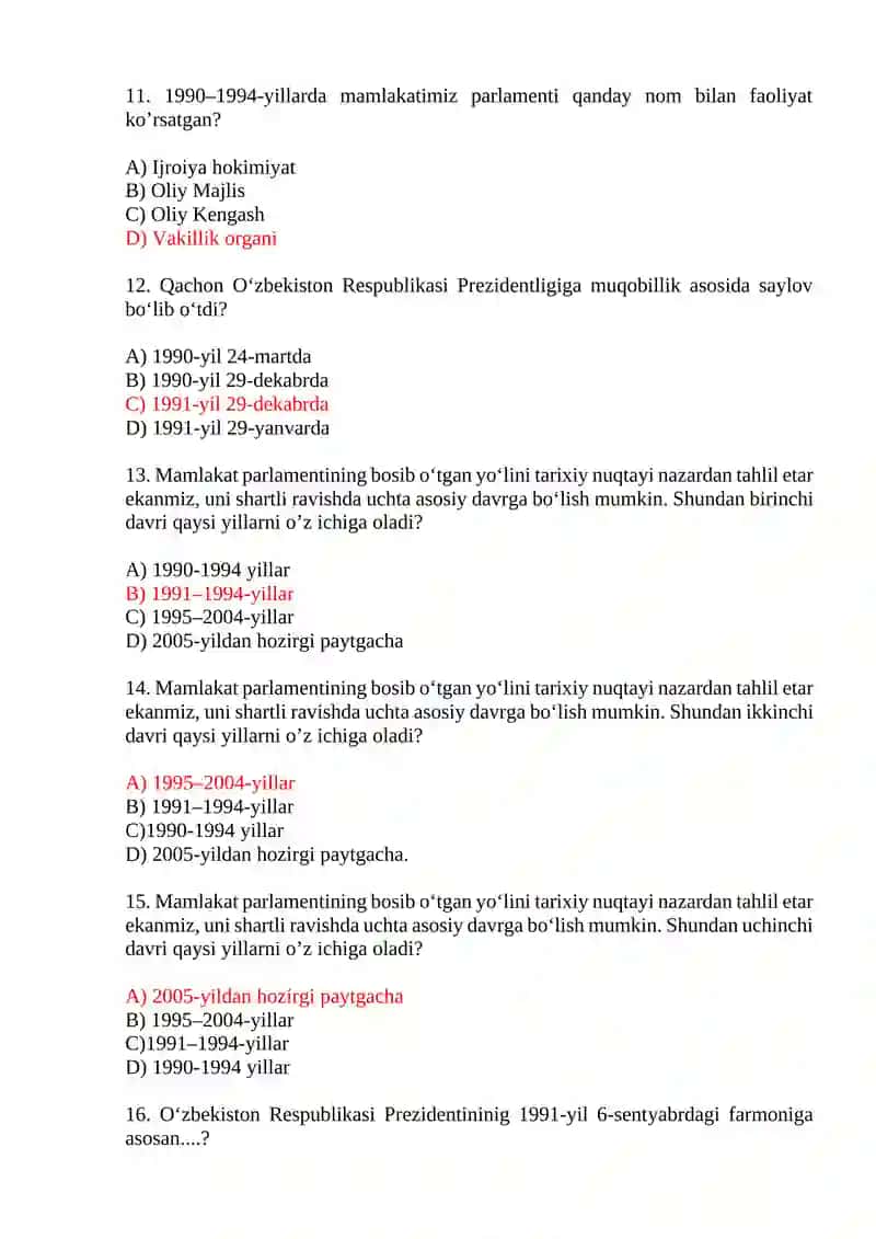 Mustaqil O‘zbekiston Respublikasi tashkil topishining tarixiy ahamiyati. O‘zbekistonning o‘ziga xos istiqlol va taraqqiyot yo‘li.   Test savollari. 3