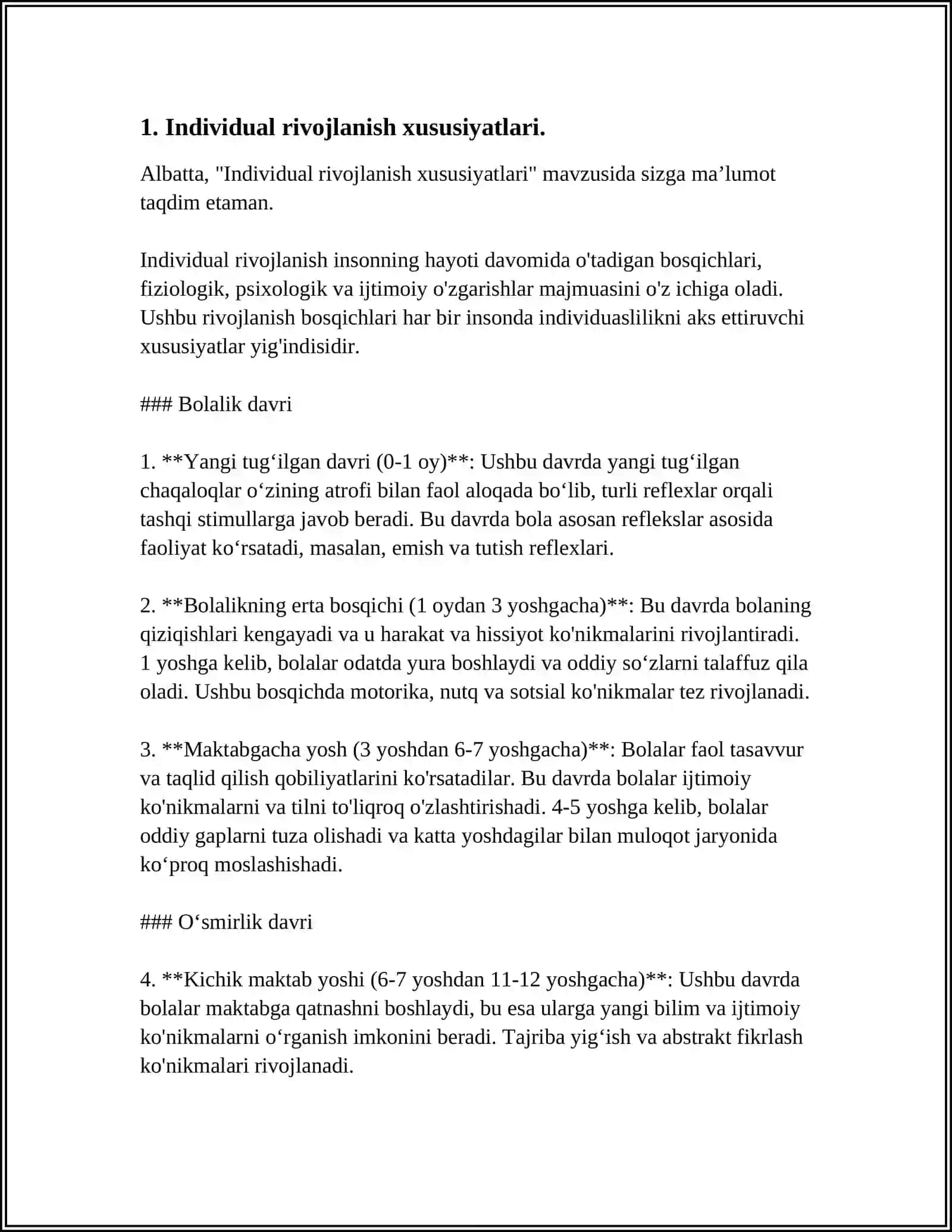 QUSHLARNING INDIVIDUAL RIVOJLANISH XUSUSIYATLARI MAVZUSIDA MUAMMONINING YECHIMINI TOPISH,TEST,MUNOZARALI SAVOLLAR VA TOPSHIRIQLAR TUZISH 3