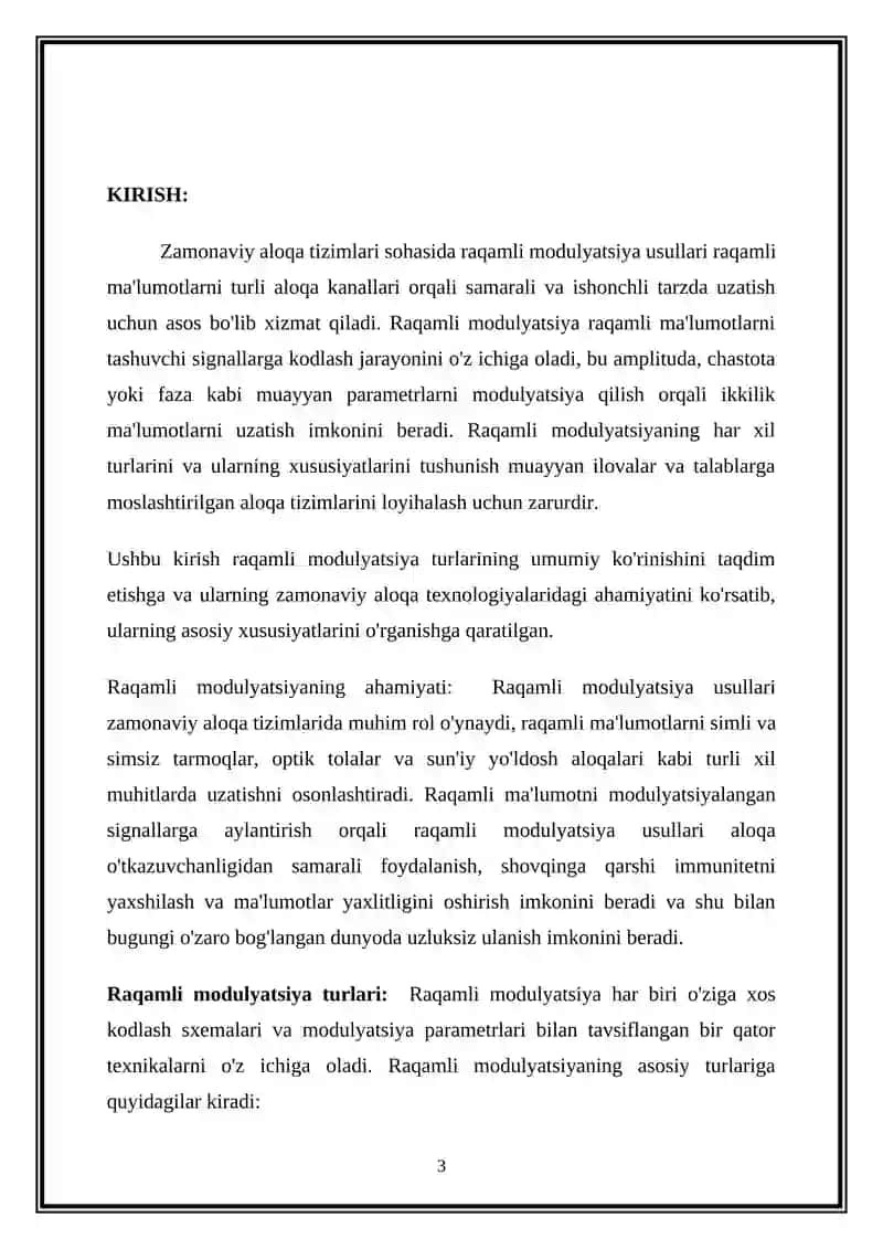 Tizimlar va signallarni qayta ishlash fanidan   Raqamli modulyatsiya turlari 3