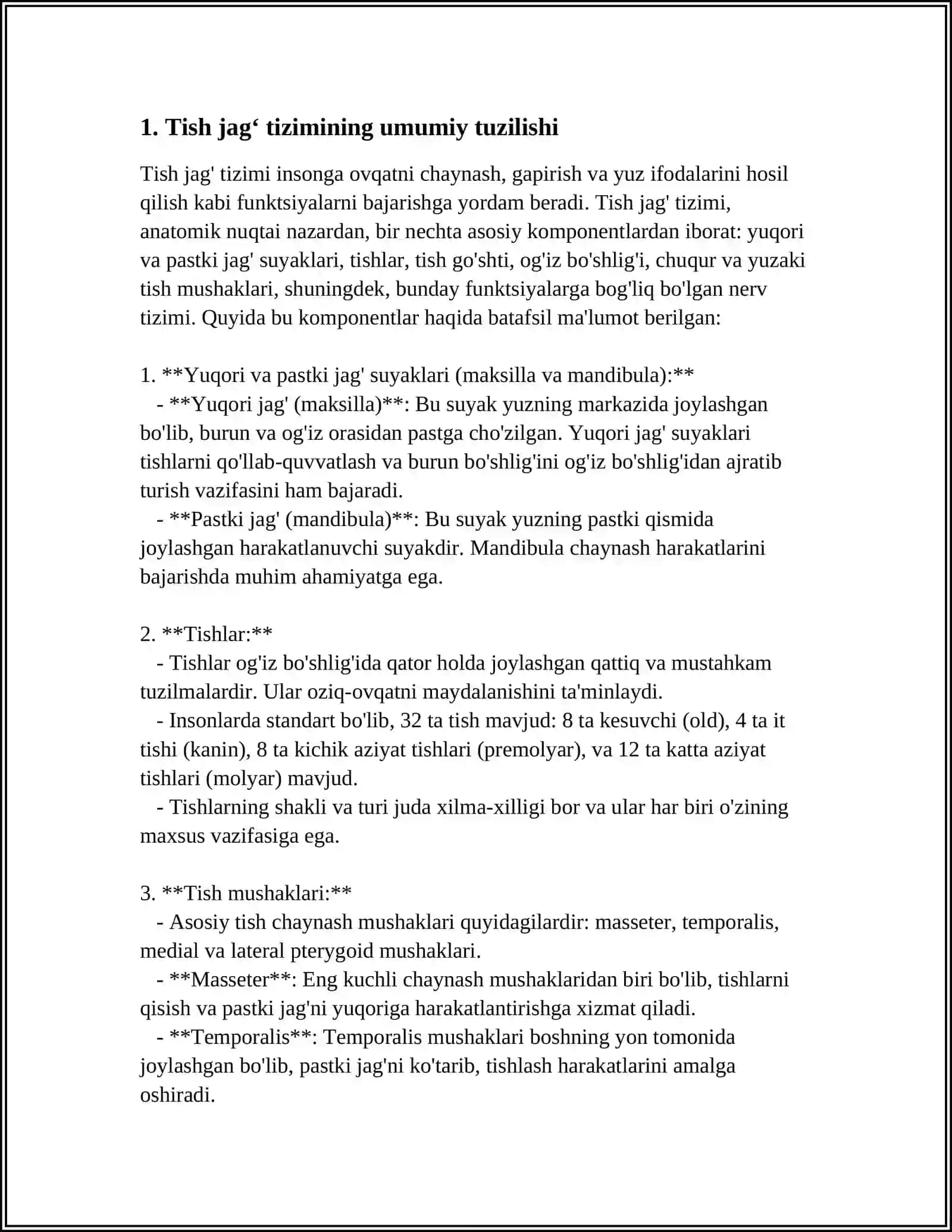 MUSTAQIL ISH Mavzu: PROTEZLASH AHAMIYATI BOʻLGAN TISH JAGʻ TIZIMINING ANATOMO FIZIOLOGIK XUSUSIYATI 3