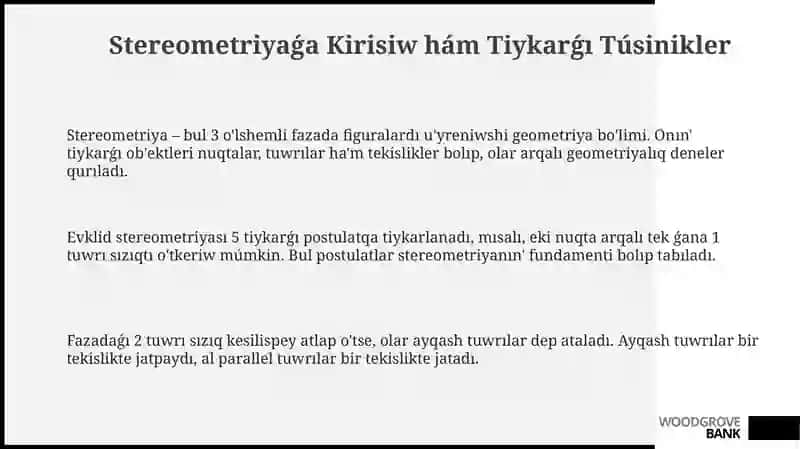 Stereometriyanin’ tiykarg’i tu’singi 3