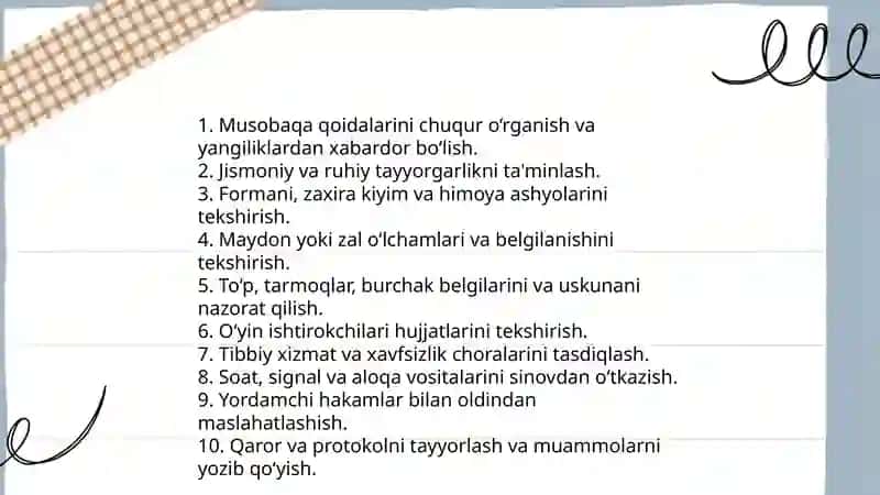 Musobaqa qoidalari doirasida hakamlarning funktsiyalari 3