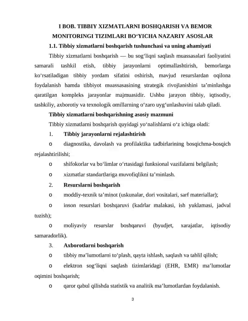 Tibbiy Xizmatlarni Boshqarish va Bemor Monitoringi Tizimlari Bo‘yicha Nazariy Asoslar 3