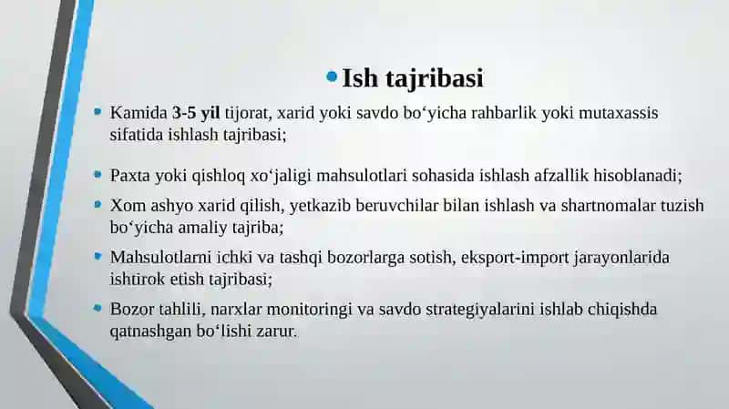 Xom ashyo xarid qilish va mahsulotlarni sotish bo'yicha director o'rinbosari 3