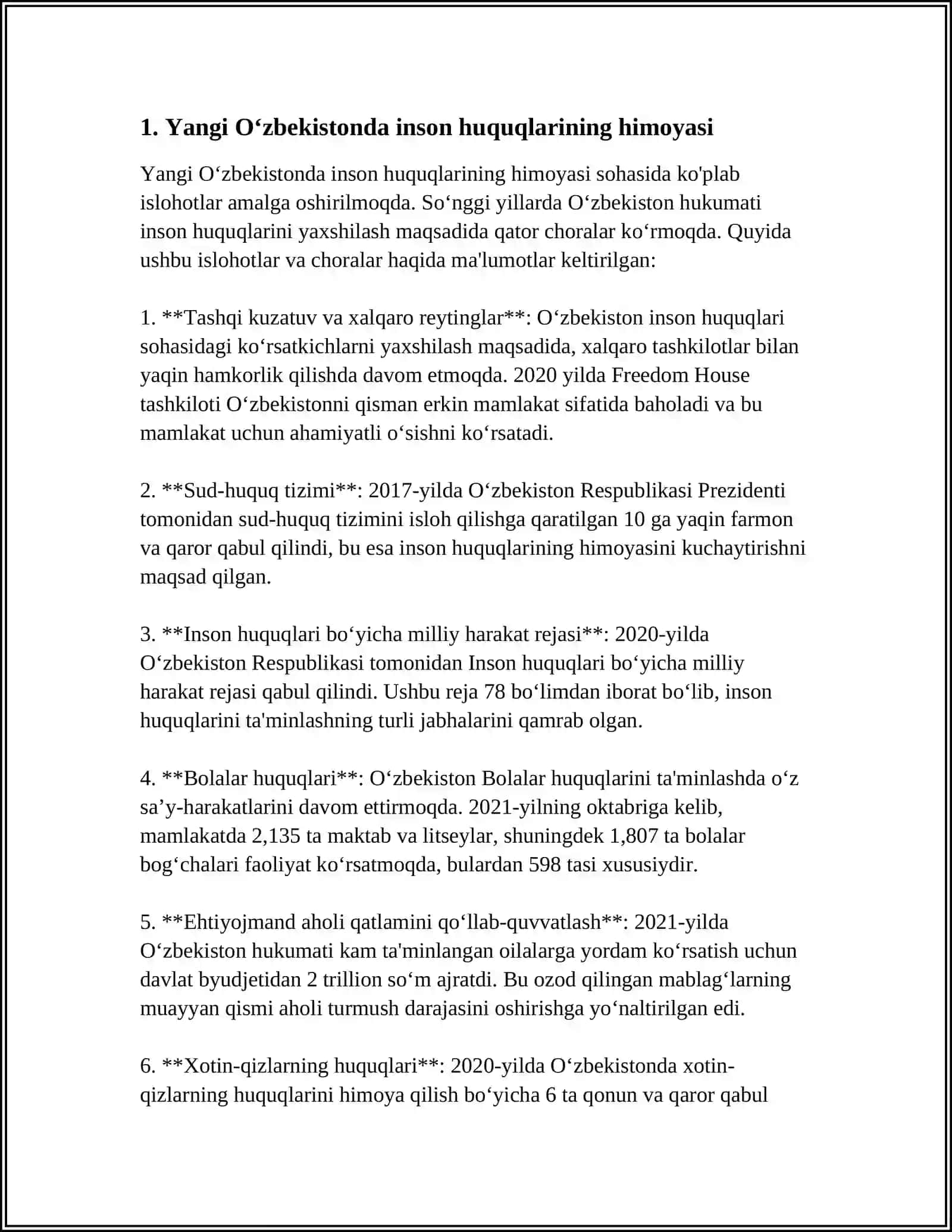 YANGI OʻZBEKISTONDA INSON HAQ HUQUQLARI VA ERKINLIKLARINI YARATILISHI 3