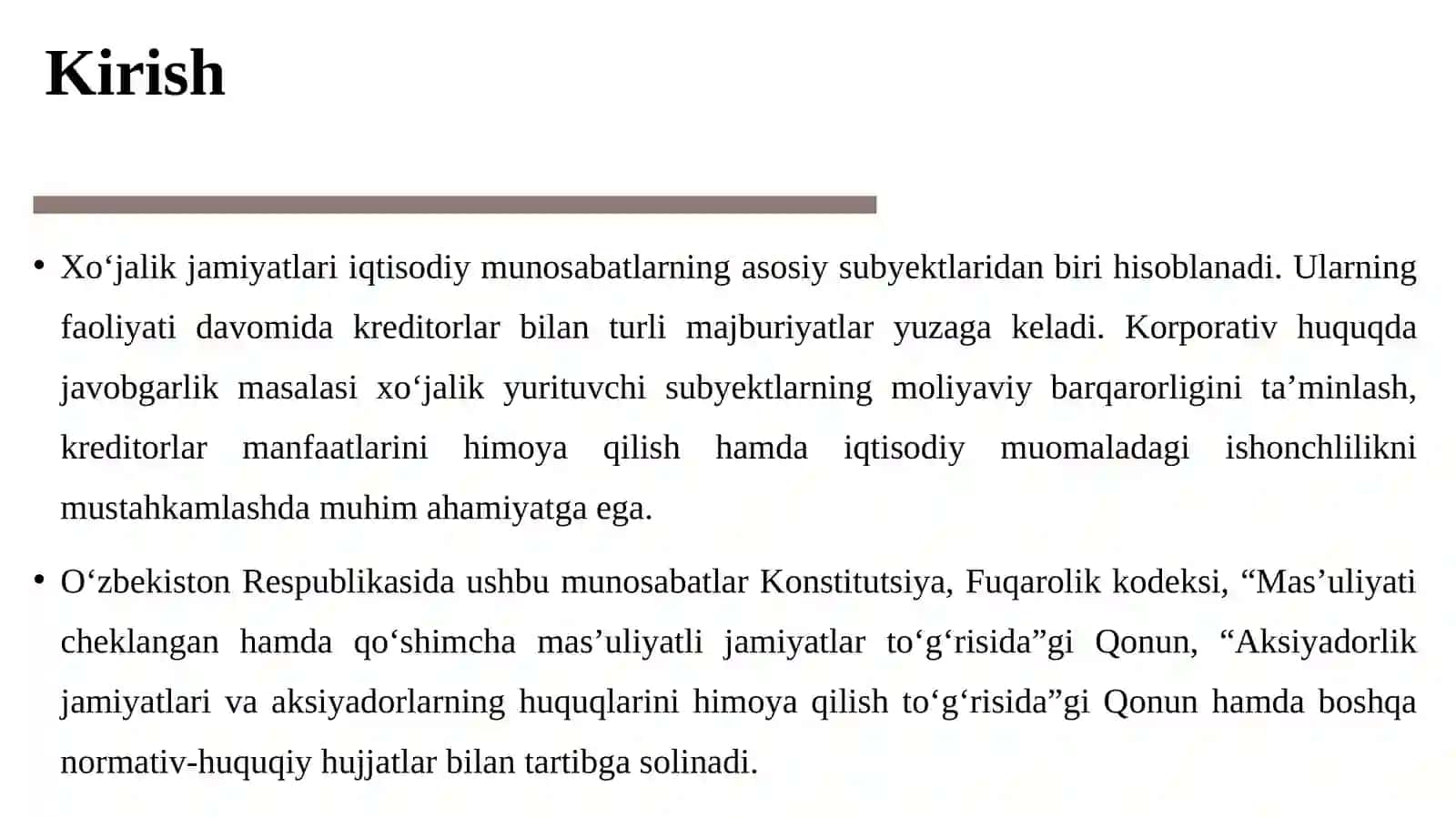 Xo‘jalik jamiyatlarida javobgarlikni huquqiy tartibga solish. Kreditorlar huquqlari va qonuniy manfaatlarini himoya qilish 3