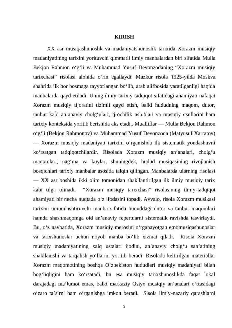 "Mulla Bekjon Rahmon oʻgʻli, Muhammad Yusuf Devonzoda. Xorazm musiqiy tarixchasi risolasi va uning ilmiy-tarixiy ahamiyati" 3
