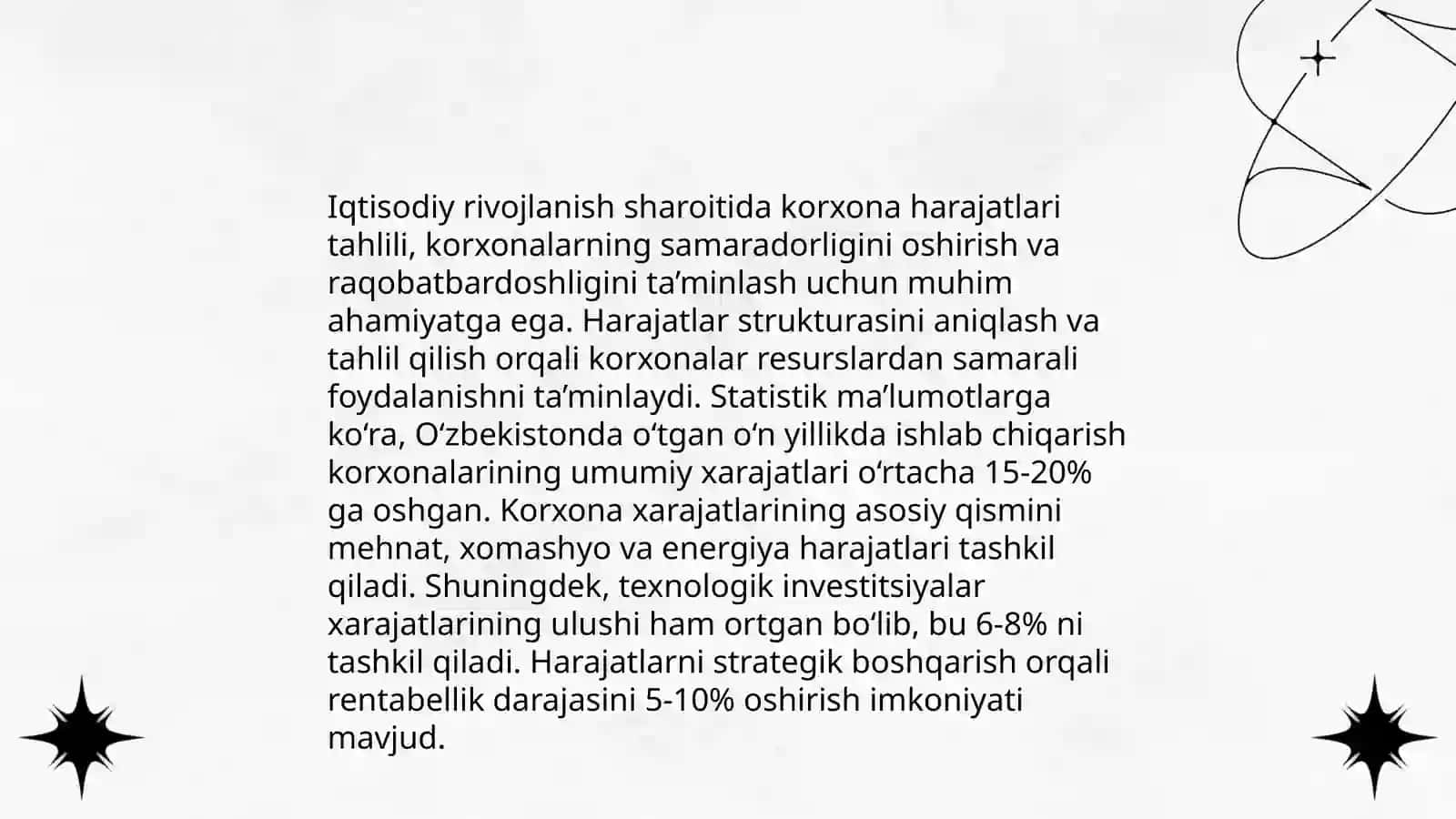 Iqtisodiy rivojlanishning yuqori sur’atlarini ta’minlash sharoitida korxonada harajatlar tarkibi taxlili va tannarxni kamaytirish yo‘nalishlari 3