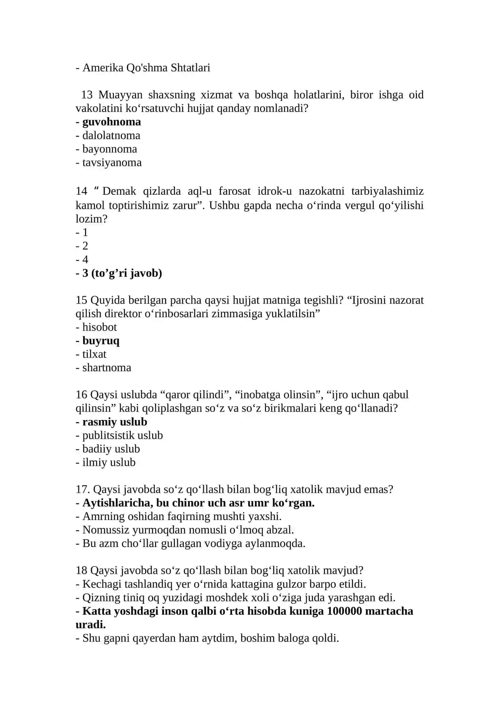 Davlat tiliga oid savol javob (test) lar 3