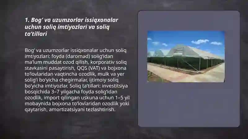 Bogʻ va uzumzorlar issiqxonalar uchun davlat imtiyozlari 3