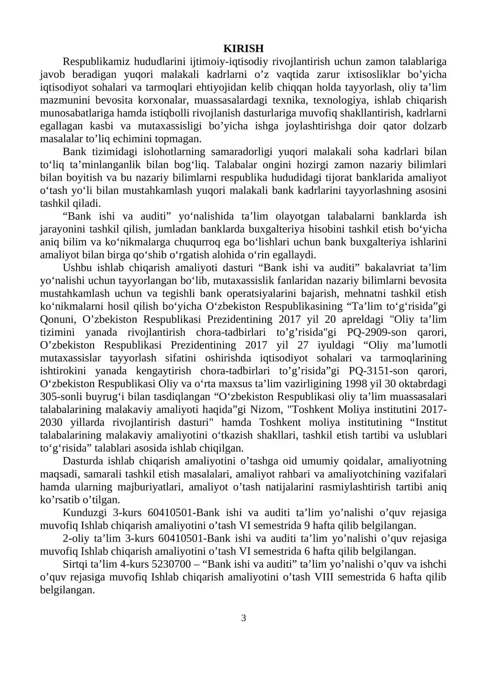 "Bank ishi va auditi" ta’lim yo‘nalishi bo‘yicha malakaviy amaliyotni TASHKIL ETISH BO`YICHA USLUBIY QO`LLANMA (ISHLAB CHIQARISH) 3