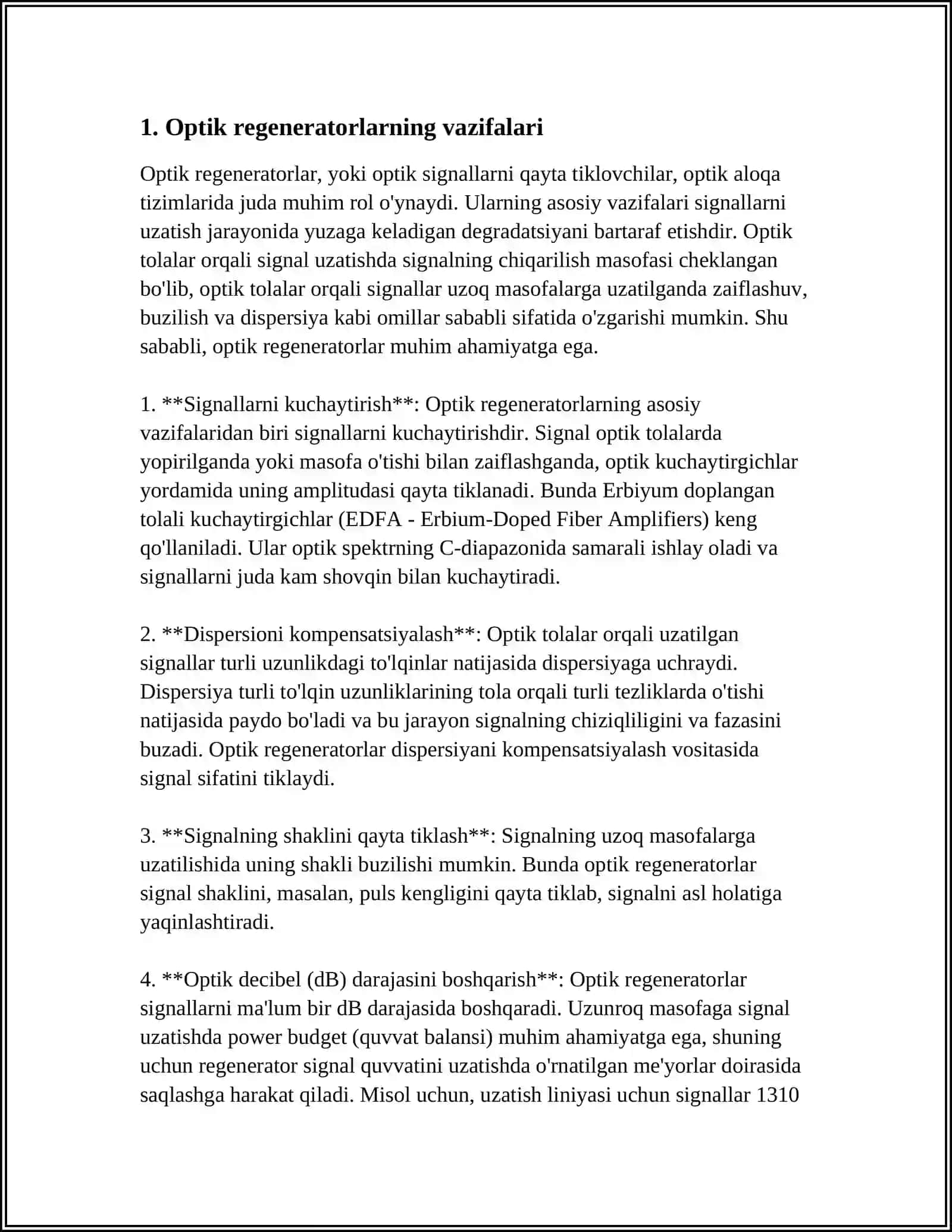 OPTIK REGENERATORLAR VA OPTIK KUCHAYTIRGICHLAR. ULARNING QOLLANILISHI 3