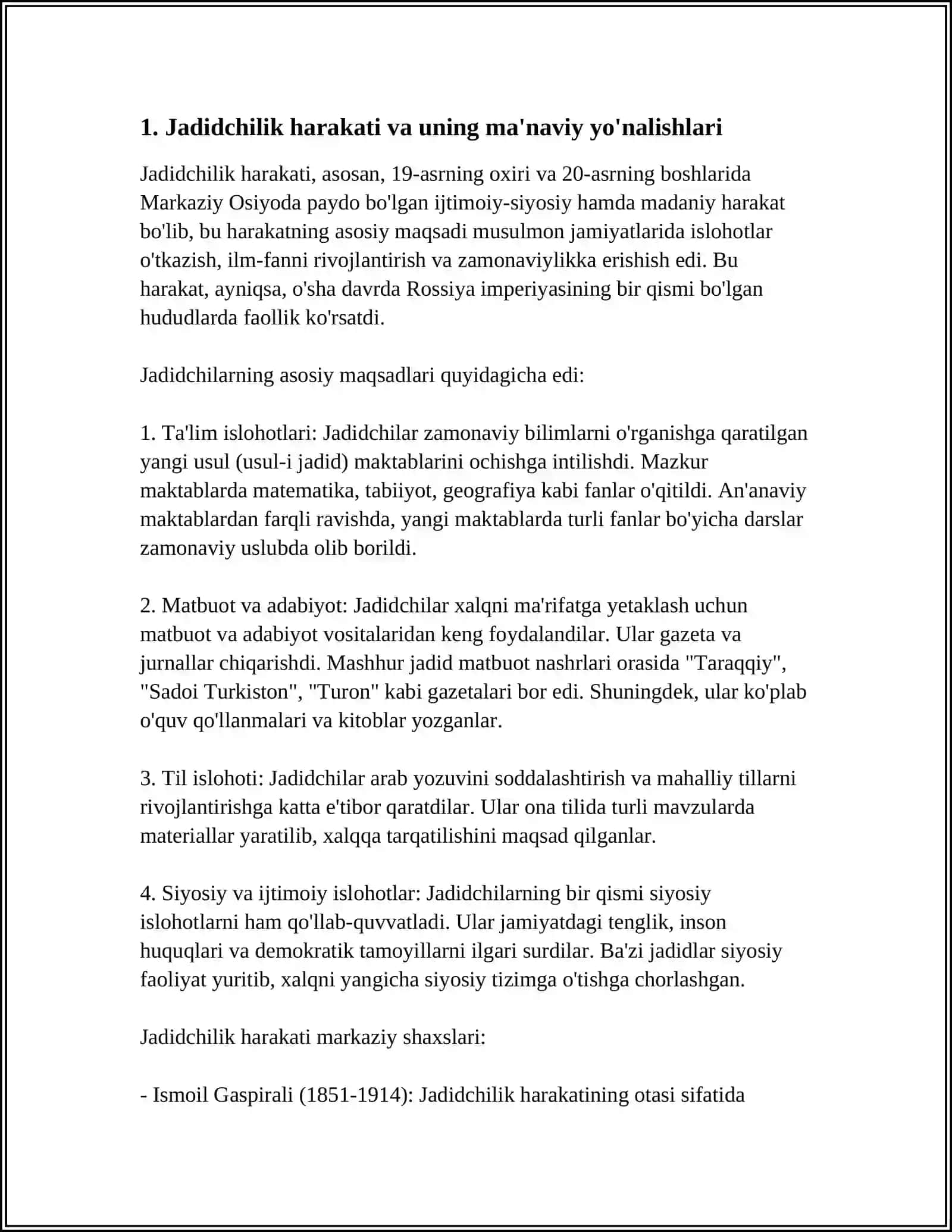 JADID MA'RIFATPARVARLARINING O'LKA IJTIMOIY- MA'NAVIY HAYOTIDA TUTGAN O'MI (MUNAVVAR QORI, FITRAT, BEHBUDIY, AVLONIY) 3