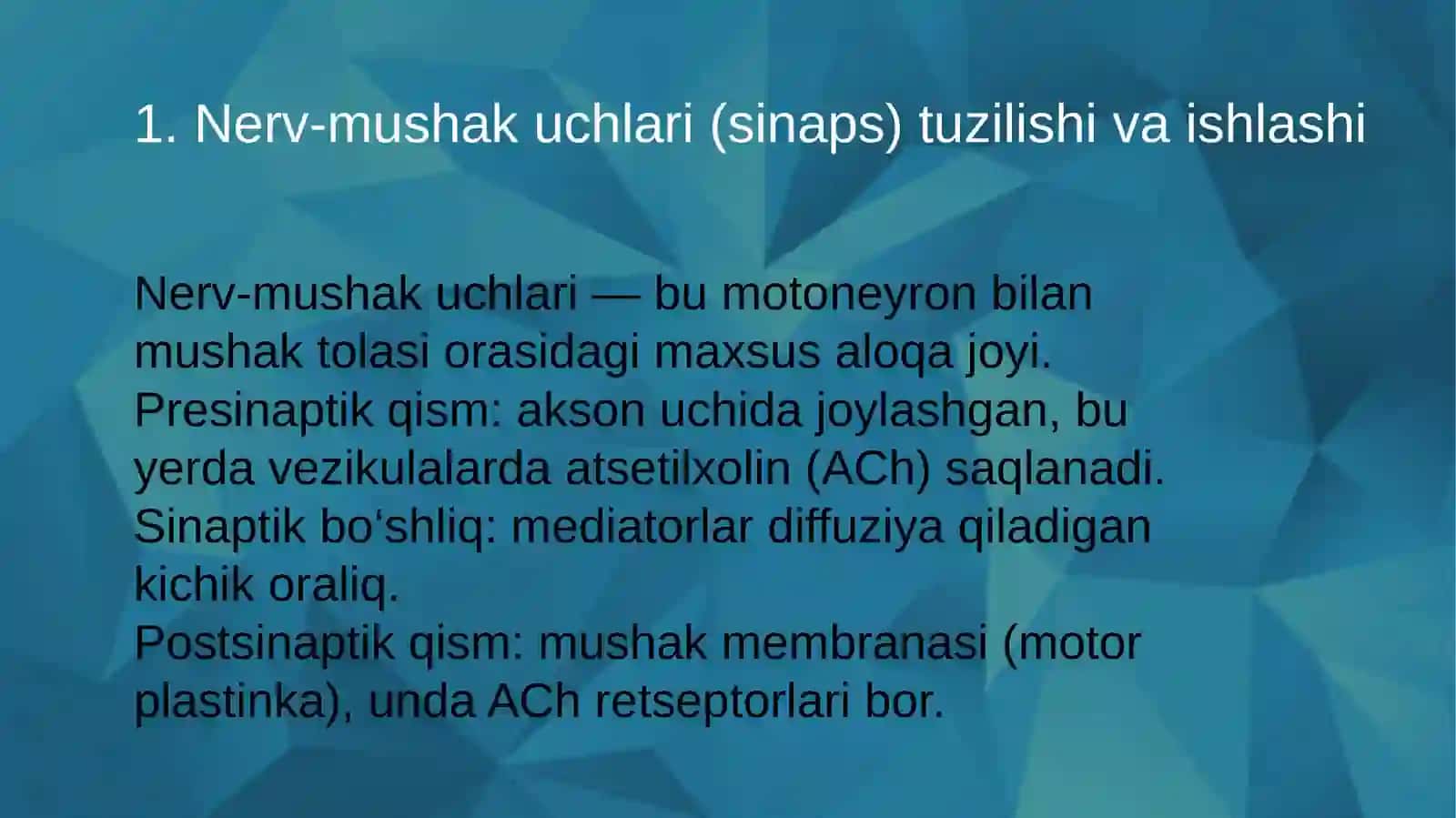 Nerv-mushak uchqunlarining tuzilishi va ishlash prinsipi Neyronlarda nerv impluslarini hosil bo'lishi mexanizmlari Nerv tolalari bo'ylab qo'zg'alishining o'tish mexanizmi Nerv tolalarining degeneratsiyasi va regerenatsiyasi 3