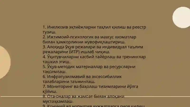 Инклюзив таълимни ташкил этишда укув ишлари бўйича директор уринбосарини рули Ergashev O'rinboy 3