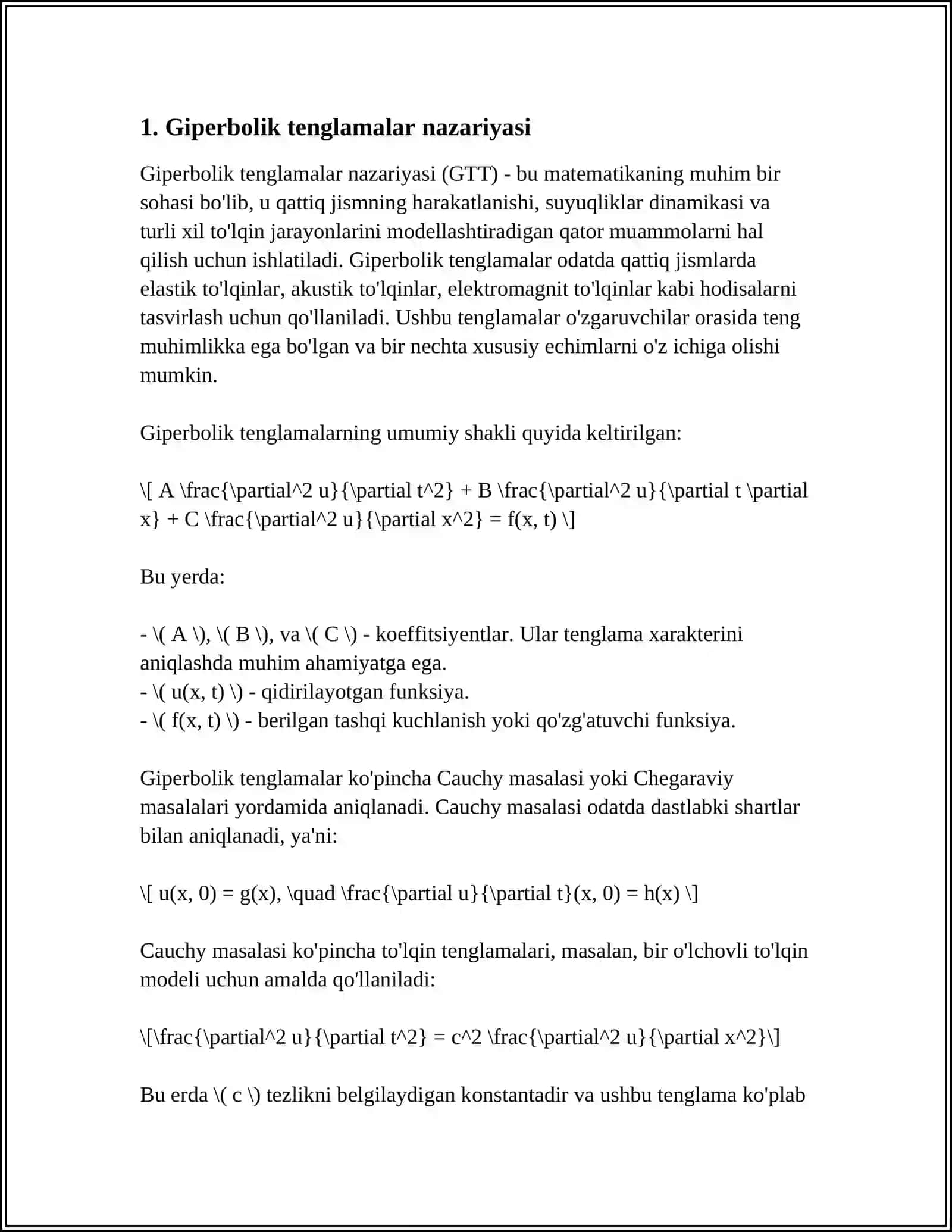 GIPERBOLIK TIPDAGI TENGLAMALAR UCHUN KORREKT QO‘YILGAN MASALALAR 3