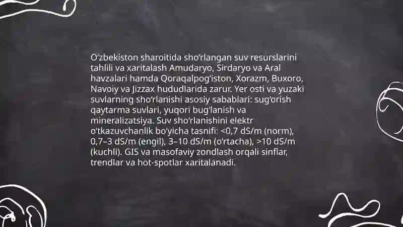 O‘zbekiston sharoitida sho‘rlangan suv resurslarini tahlili va xaritalash 3