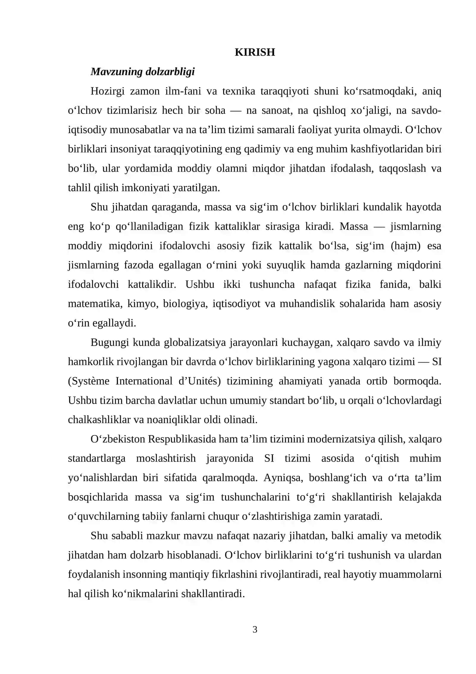 MATEMATIKA VA UNI O’QITISH METODIKASI FANIDAN “MASSA VA SIGʻIM OʻLCHOV BIRLIKLARI” MAVZUSIDAGI KURS ISHI 3