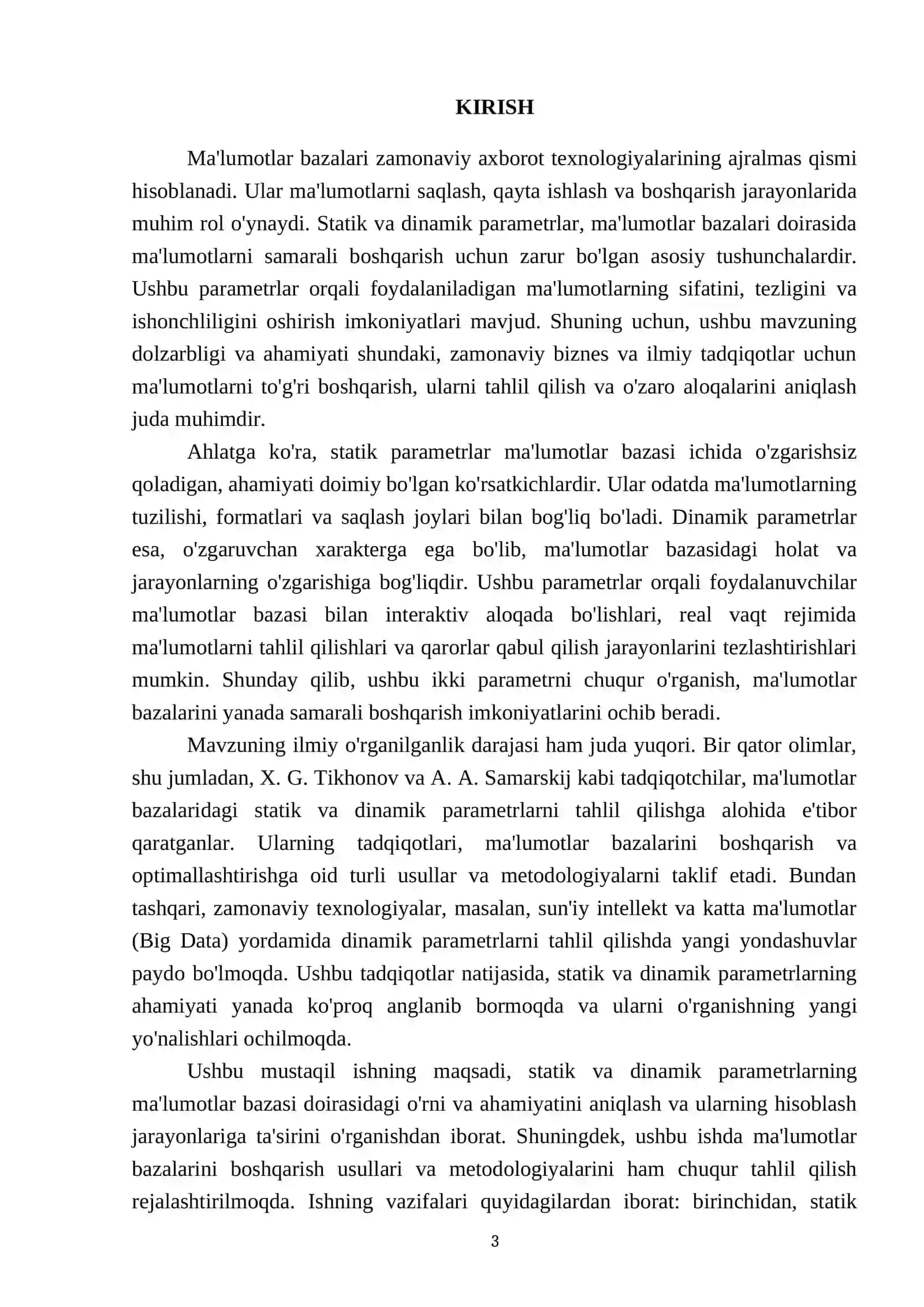 Statik va dinamik parametrlar. Ma'lumotlar bazasi doirasida hisoblanish amalga oshirish 3