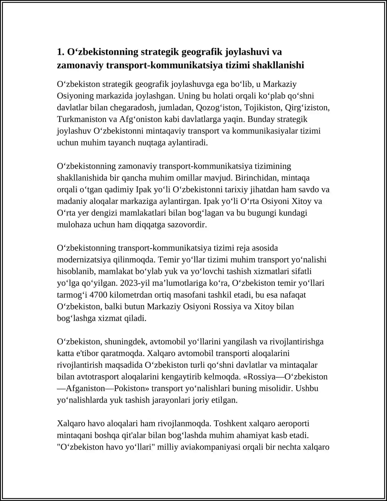 ZAMONAVIY TRANSPORT-KOMUNEKATSIYASI TIZIMINING SHAKILLANISHI OZBEKISTONNING MUHUM GEOSIYOSIY 3