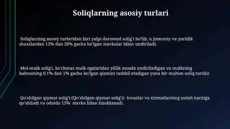 Soliqlar va yig'imlar tizimi hamda ularning turlari 3