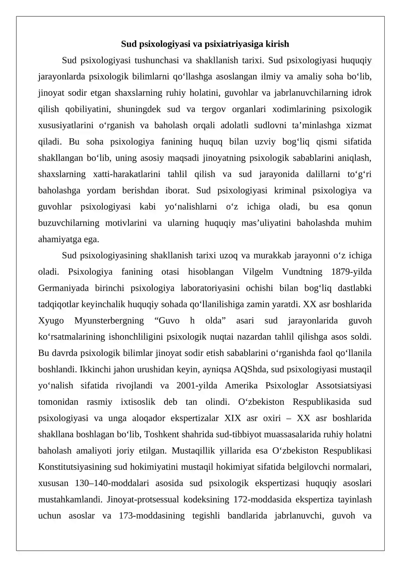 Sud psixologiyasi va psixiatriyasiga kirish. Sud psixologiyasining predmeti, vazifalari va metodlari 3