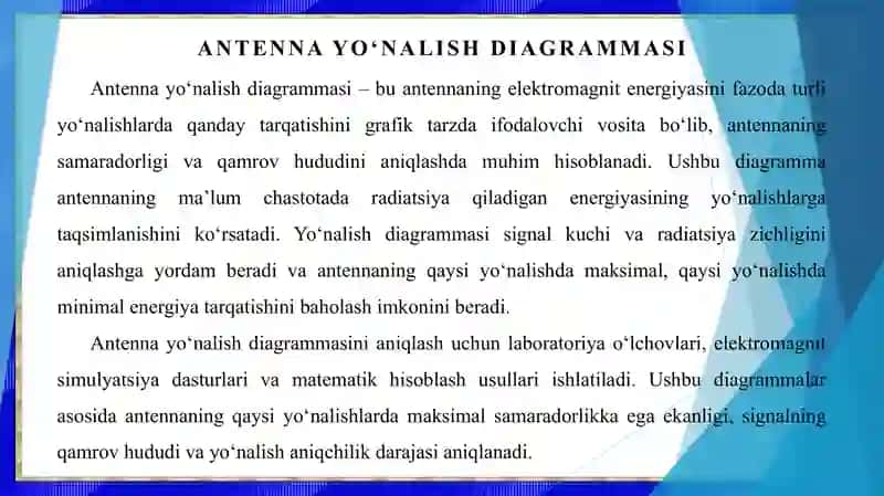 Antenna yo'nalish diagrammasi va foydali kuchaytirish koeffitsenti 3