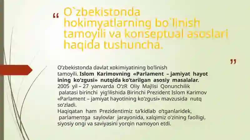 O`zbekistonda axborot sohasini isloh qilish, so`z va axborot erkinligi. OAV faoliyati. O`zbekistonda Tibbiy turizmni rivojlantirish maqsadlari. Xalq qabulxonalari ijtimoiy institut sifatida 3