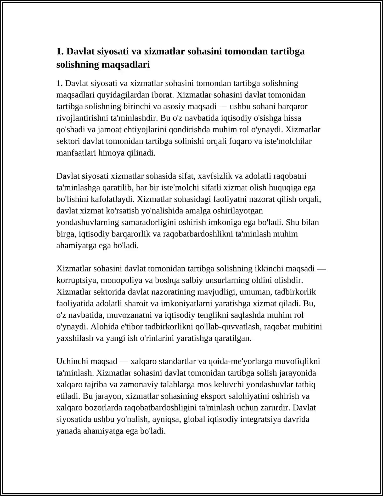 XIZMATLAR SOHASINI DAVLAT TMONIDAN TARTIBGA SOLISH: MAQSADLAR, ASOSIY YO'NALISHLAR, MUAMMOLAR 3
