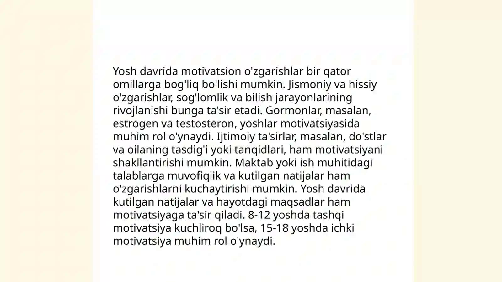Yosh davrida motivatsion sohadagi oʻzgarishlar uning sabablari va alomatlari, maktabga psixologik tayyorgarlik muammosi haqida tushuncha 3