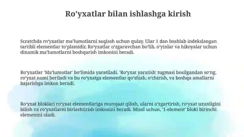 Scratch muhitida ro'yxatlar bilan ishlash 3