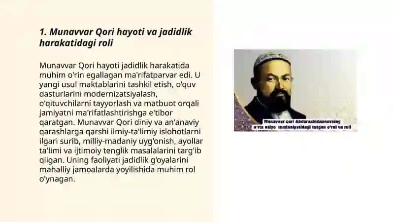 Jadid ma'rifatparvarlarining o'lka ijtimoiy-ma'naviy hayotida tutgan o'rni (Munavvar Qori, Fitrat, Behbudiy, Avloniy va boshqalar) 3