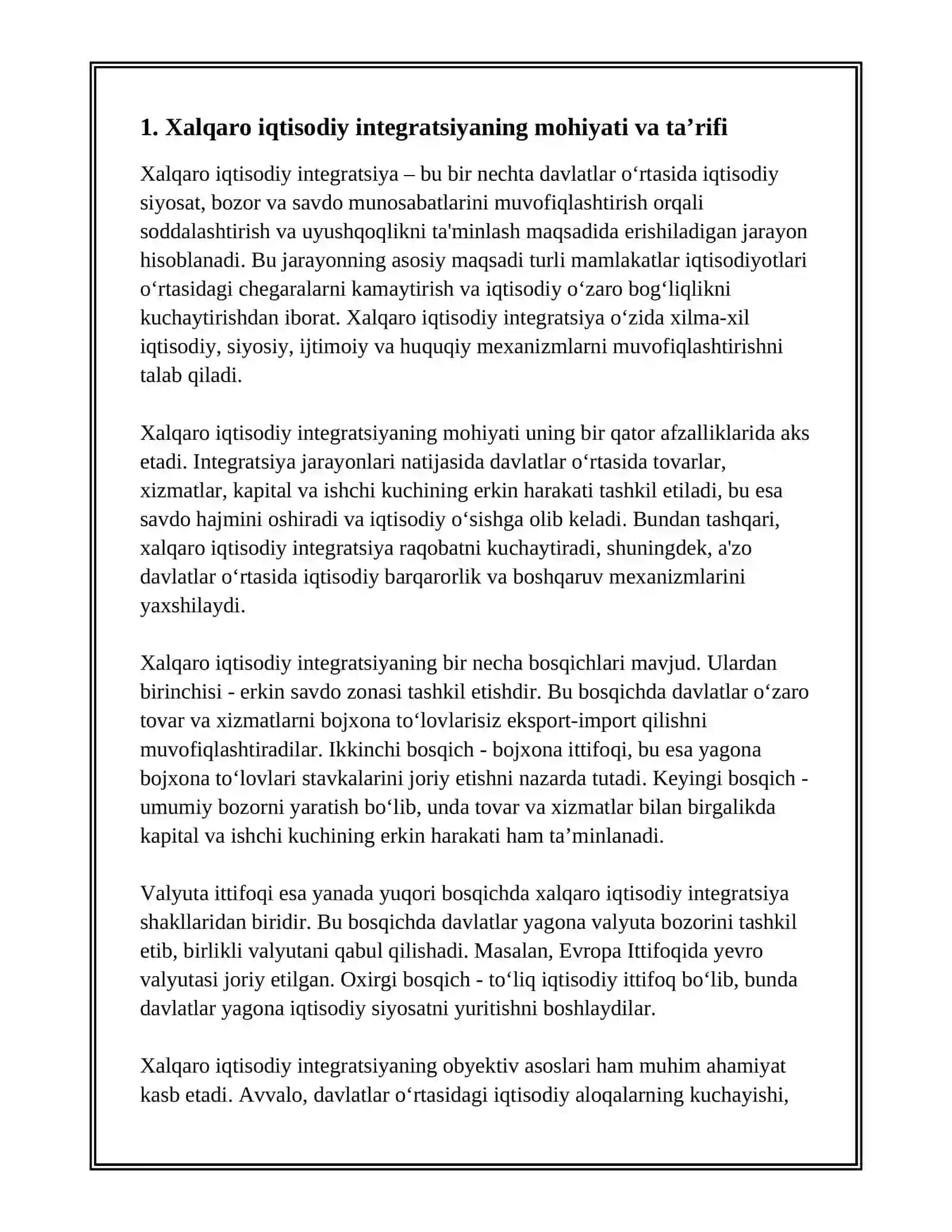 XALQARO IQTISODIY INTEGRATSIYA MOHIYATI, SHAKLLARI VA OBYEKTIV ASOSKARI 3