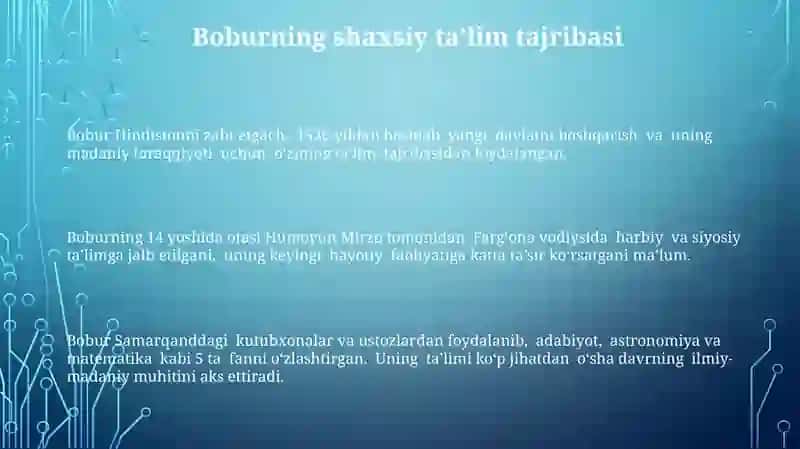 Mirzo Ulug'bek Zahiriddin Muhammad Boburlarning pedagogik g'oyalar va ma'rifatparvarlik xizmatlari 3