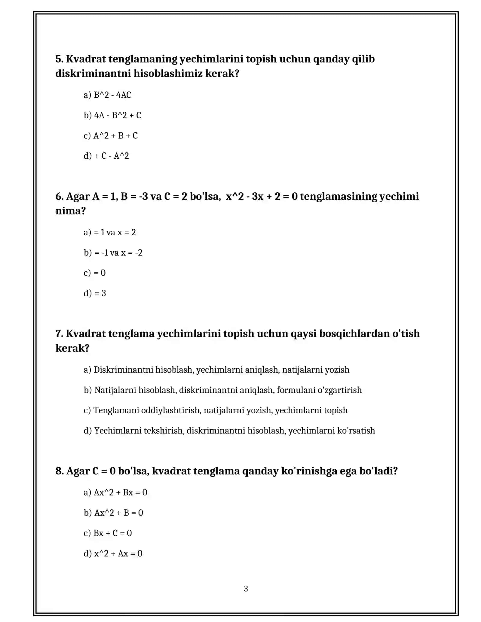 ALGEBRA: KVADRAT TENGLAMALAR VA ULARNING YECHIMLARI 3