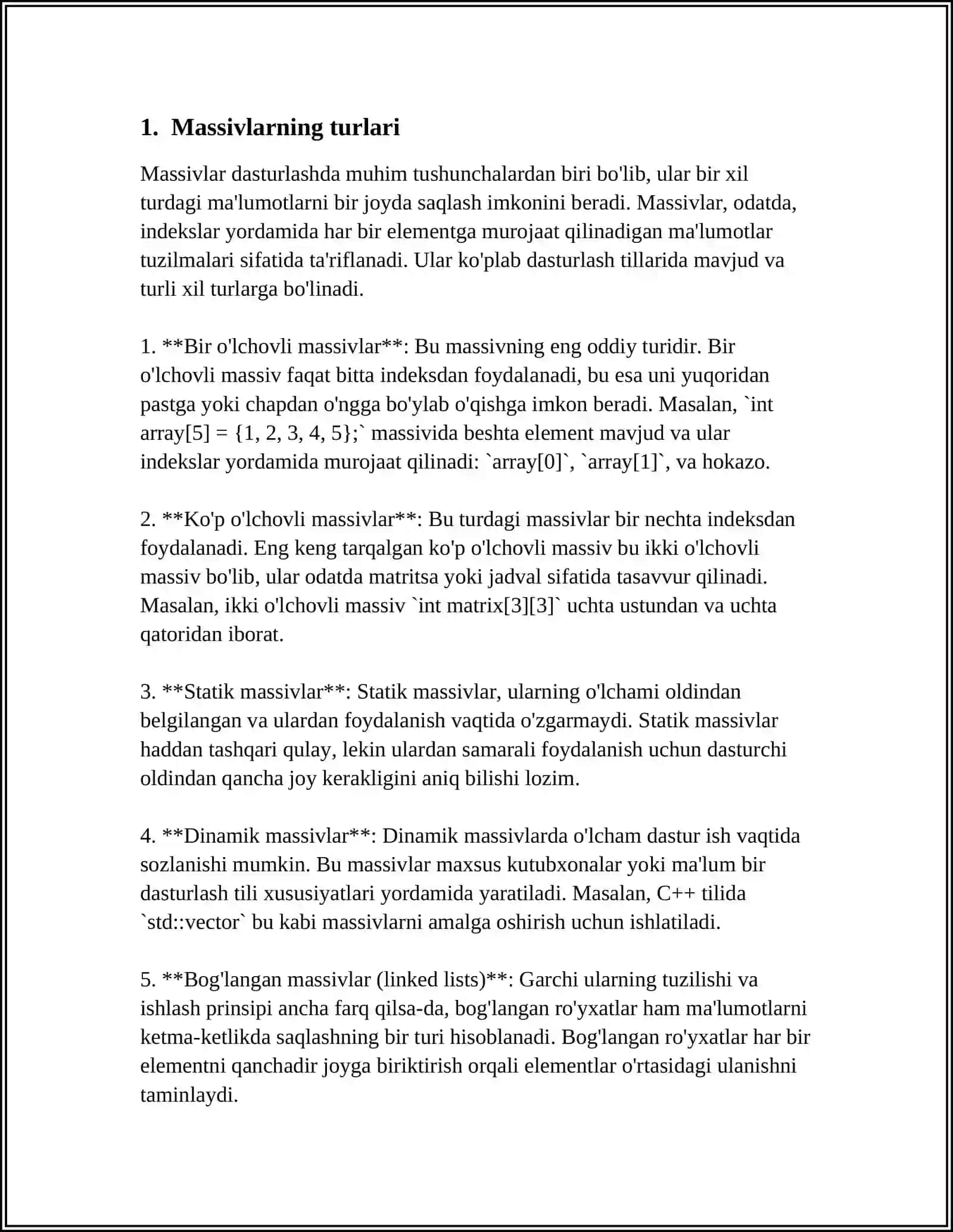 MA'LUMOTLARNING SOZLANGAN TURLARI:MASSIVLAR 3