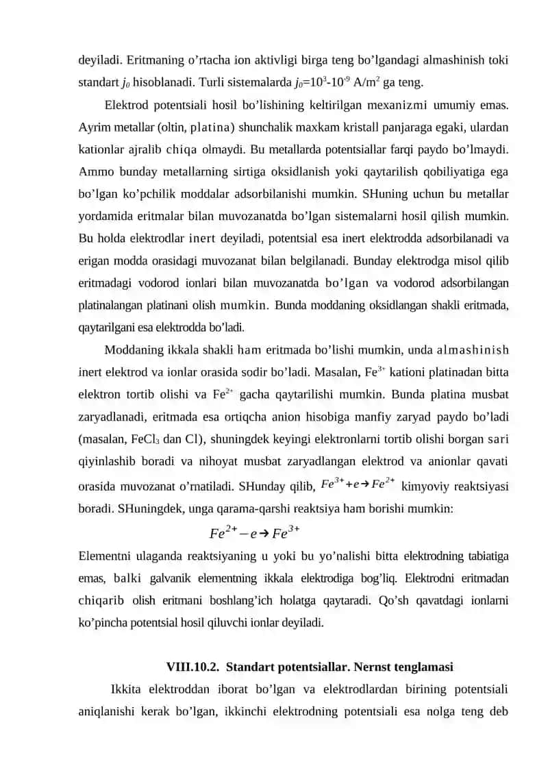 Elektrolitlar tasnifi, elektrod potensialining hosil bo'lish mexanizmi 3