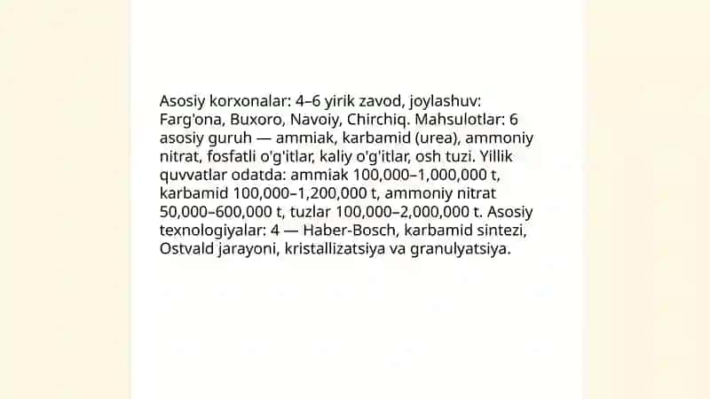 O'zbekiston mineral o'g'itlar va tuzlar ishlab chiqaruvchi kimyo sanoati korxonalari 3