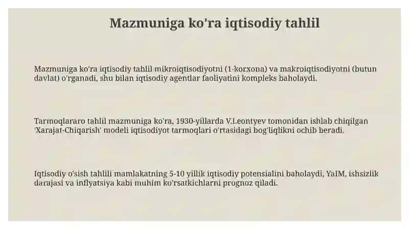 Mazmuniga va Davriga Ko'ra Iqtisodiy Tahlil Turlari 3