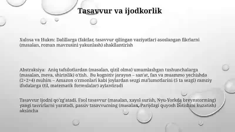 Abdtraksiya tushunchasi. Xulosa va hukm. Aktiv va passiv xayol, xayol turlari 3