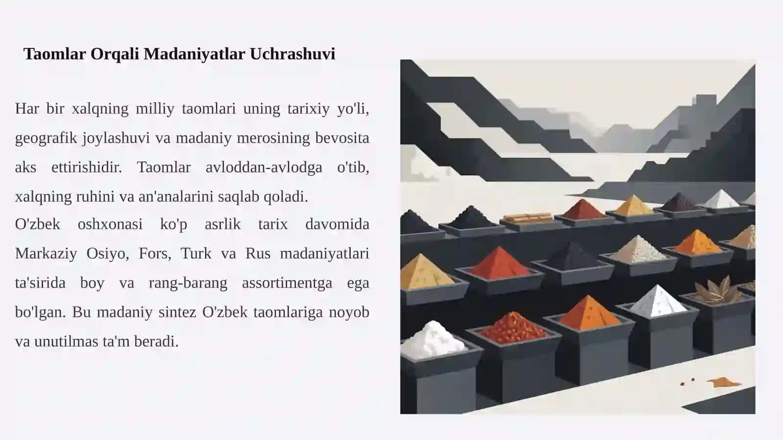 Dunyo xalqlari taomi va pazandalik mahsulotlari assortimenti 3
