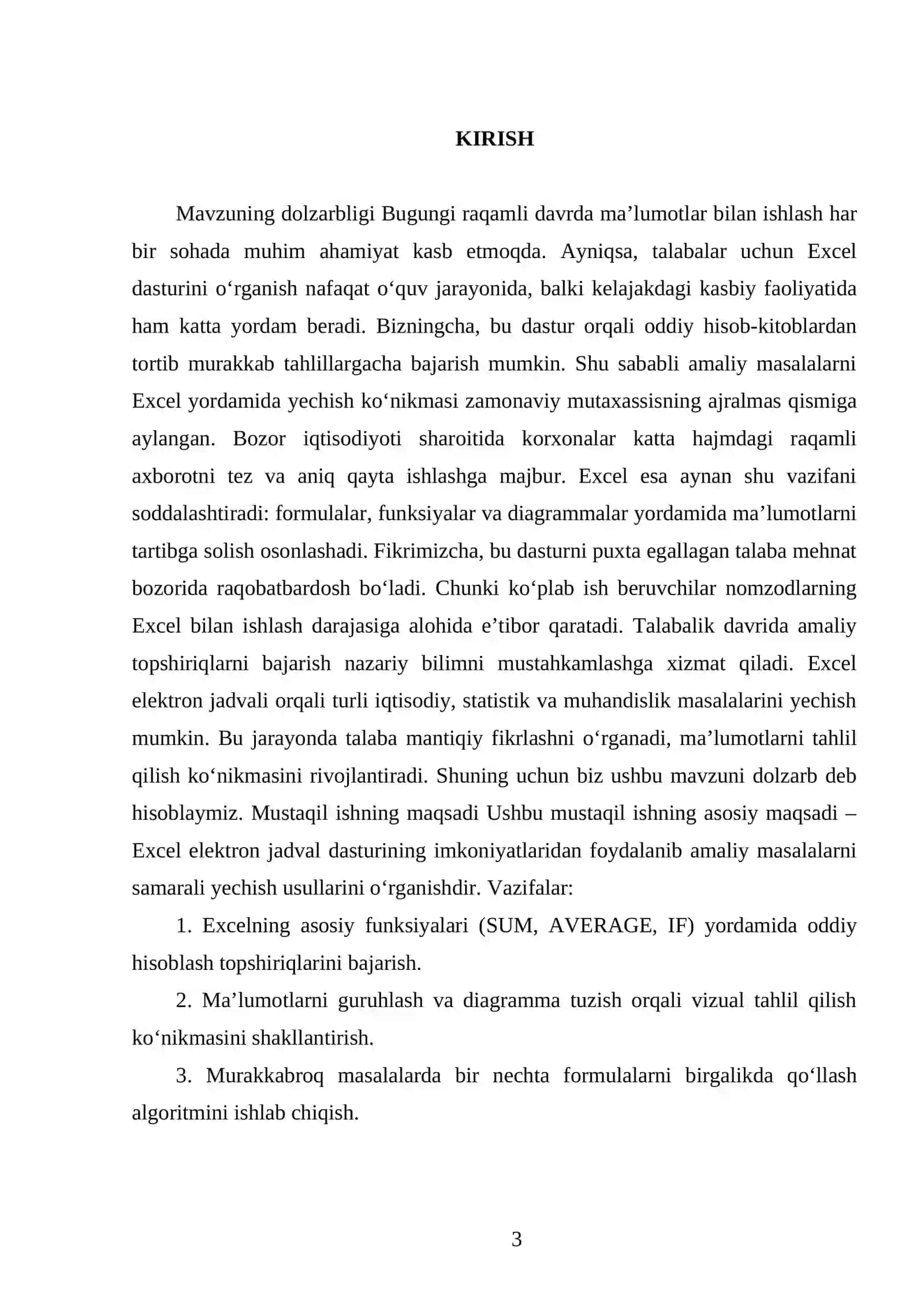 Excel elektron jadval dasturi yordamida amaliy masalalarni yechish 3