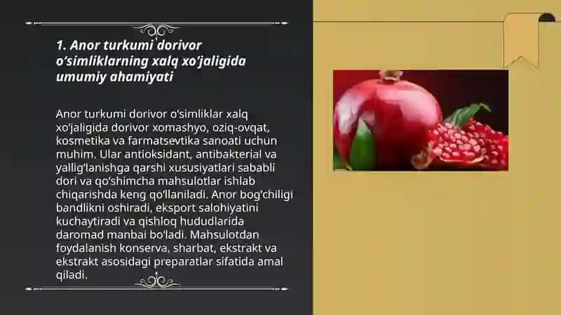 Anor turkumi dorivor oʻsimliklarning xalq xoʻjaligidagi ahamiyati 3