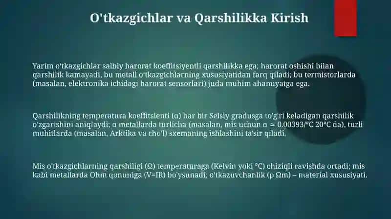 Metall o'tkazgichlar qarshiligining temperaturaga bog'liqligi 3
