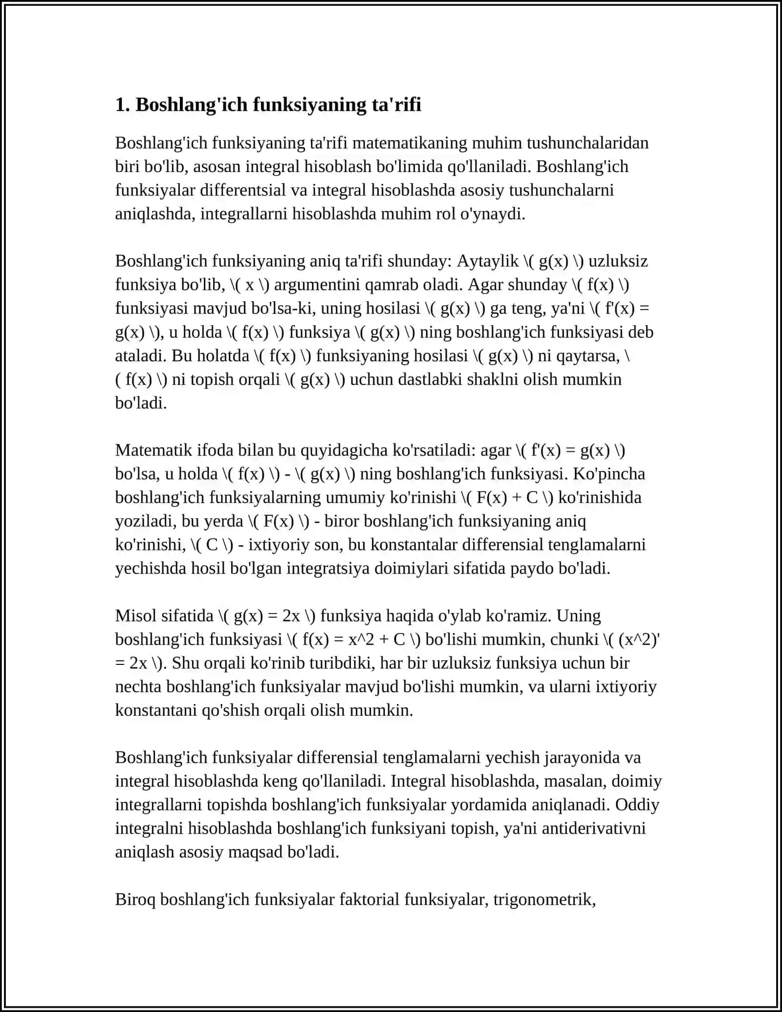 BOSHLANGICH FUNKSIYAVA ANIQMAS INTEGRAL. INTEGRALLASH USULLARI 3